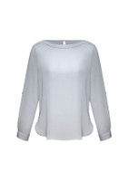 A women's boatneck top in light grey, featuring long sleeves and a slightly curved hem. It has a logo on it.