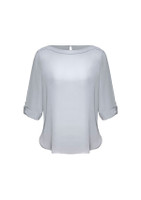 A light grey boatneck top with three-quarter sleeves and roll-up detail. The top has a subtle sheen and a back keyhole closure.