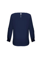 A navy women's boatneck top featuring long sleeves and a keyhole detail at the back, with a logo present.