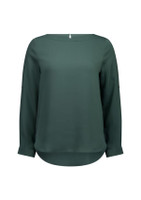 A women's boatneck top in a deep green colour, featuring long sleeves and a curved hemline.