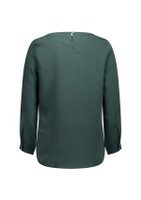 A green women's boatneck top with long sleeves and a back button closure. Features a subtle branding logo.