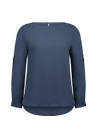 A navy blue boatneck top with long sleeves and a curved hem, featuring a subtle logo on the garment.