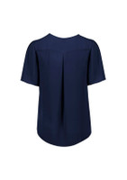 A navy blue women’s short sleeve blouse with a pleated back design and a logo.