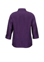 A purple ladies' shirt with 3/4 sleeves and a collared design, featuring a simple back view.