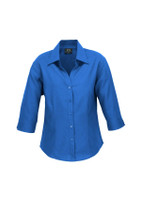 A blue women's 3/4 sleeve shirt with a collared neckline and button front. It features a logo on the label.