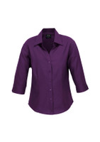 A purple women's 3/4 sleeve shirt with a collar and button-up front, featuring a logo.