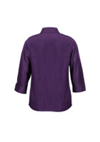 A purple women's shirt with 3/4 sleeves and a collared neckline, featuring a simple design and a logo.