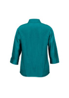 A teal women's 3/4 sleeve shirt with a collar and buttoned cuffs, featuring a logo on the back.