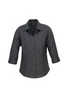 A grey women's 3/4 sleeve shirt with a collared neckline and button-down front. It features a branding logo.