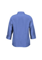 A 3/4 sleeve shirt in a solid blue hue, featuring a collar and a simple design. It has a logo on the back.