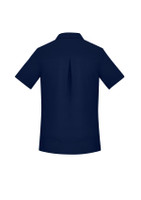 A navy short sleeve women’s shirt featuring a back centre pleat and a collar. It has a logo on the design.
