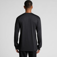 A black long-sleeve T-shirt seen from the back, featuring a logo on the upper part.