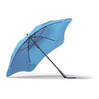 A blue BLUNT Classic Umbrella with a sturdy black frame and a unique shape, featuring a logo.