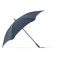A navy blue umbrella with a sleek design and a curved canopy, featuring a black handle and an understated logo.