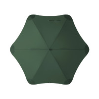A green BLUNT Sport Umbrella with a unique octagonal shape and a central hub is displayed from above.