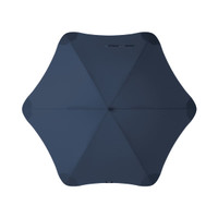 A BLUNT Sport Umbrella in dark blue, featuring a unique star-like shape and a central opening mechanism.