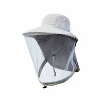 A lightweight beige hat with a transparent mesh face shield and a logo on the side.