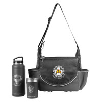 A black shoulder bag with a logo, containing a drink bottle and a cup, both in grey.