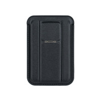 A black PU magnetic card holder featuring a slim design with a built-in phone stand and a metallic clip.