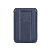 A navy PU magnetic card holder features a phone stand and has a sleek, textured design with a metallic accent.