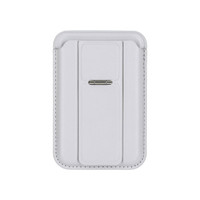 A white PU magnetic card holder with a phone stand feature and a small metal clasp. It has a sleek design.