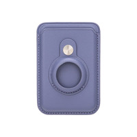 A purple PU magnetic card and Airtag holder with a circular slot and a metal button. It features stitched edges and a sleek design.