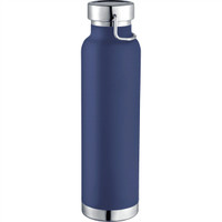 A drink bottle in navy blue with a stainless steel rim and cap, featuring a logo.