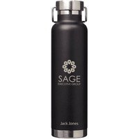 A drink bottle in matte black with a stainless steel lid and a logo, designed for vacuum insulation.