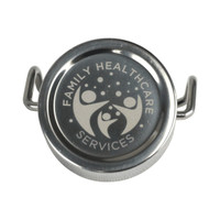 A drink bottle cap with a polished silver finish featuring a logo and two handles on either side.