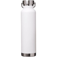 A drink bottle in white with a stainless steel base and a metal lid, featuring a logo. Holds 650ml.