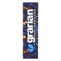 A drink bottle with a vibrant blue and purple design, featuring a logo with stylised elements and patterns.