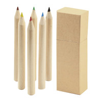 A set of six coloured pencils in red, green, yellow, blue, black, and brown, with a plain cardboard box.