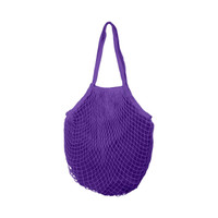 A purple mesh grocery bag with a spacious inner compartment and two shoulder straps. It has a woven design and a logo.