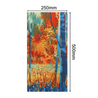 A vibrant, patterned gaiter featuring blues, oranges, and yellows, depicting a nature scene with trees and foliage.