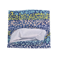 A multicoloured brushed Lycra warm gaiter with a blue, green, and pink leopard print design and a white interior.