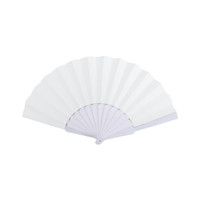 A white paper hand-held fan with a ribbed design and a circular grip at the base. It features a logo.