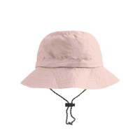 A foldable bucket hat in a light pink colour with a drawstring for adjustment. Includes a logo on the side.