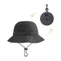 A foldable bucket hat in dark grey, featuring a logo and a toggle chin strap for adjustable fit.
