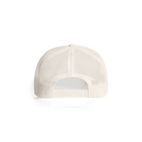A white Mesh Trucker Cap featuring a breathable mesh back and an adjustable strap. It has a logo on the front.