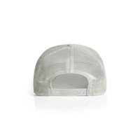 A white mesh trucker cap featuring a plastic adjustable strap and a vented back design.