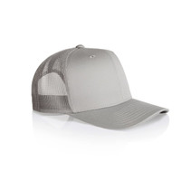A grey mesh trucker cap featuring a solid front panel and a mesh back, with a curved brim and a logo.