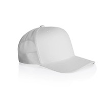 A white mesh trucker cap featuring a solid front panel and a mesh back, with a curved brim and a logo.