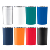 A drink bottle collection featuring eight vacuum tumblers in white, teal, blue, orange, navy, red, and black, each with a lid and a logo.