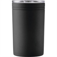 A drink bottle in matte black with a transparent lid, featuring a branded design.