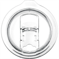 A drink bottle lid with a clear plastic design and a sliding opening mechanism, featuring a logo.