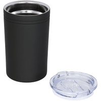 A drink bottle with a matte black exterior and stainless steel interior, paired with a clear lid.
