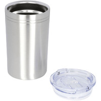 A drink bottle in stainless steel with a clear lid, ideal for keeping beverages hot or cold.