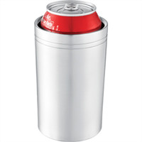 A drink bottle in silver, designed to hold a can, featuring a logo on the surface.