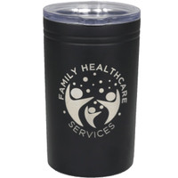A drink bottle in black with a transparent lid and a logo on the front, suitable for hot or cold beverages.