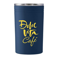 A drink bottle in navy blue with a clear lid and a logo featuring yellow text.